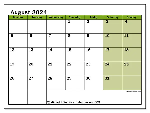 Printable calendar no. 503, August 2024