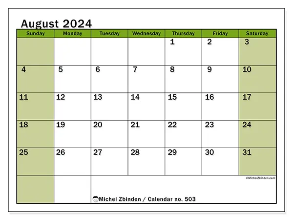 Free printable calendar no. 503 for August 2024. Week: Sunday to Saturday.