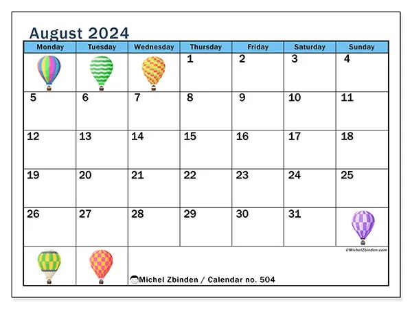Free printable calendar no. 504 for August 2024. Week: Monday to Sunday.