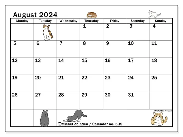 Free printable calendar no. 505 for August 2024. Week: Monday to Sunday.