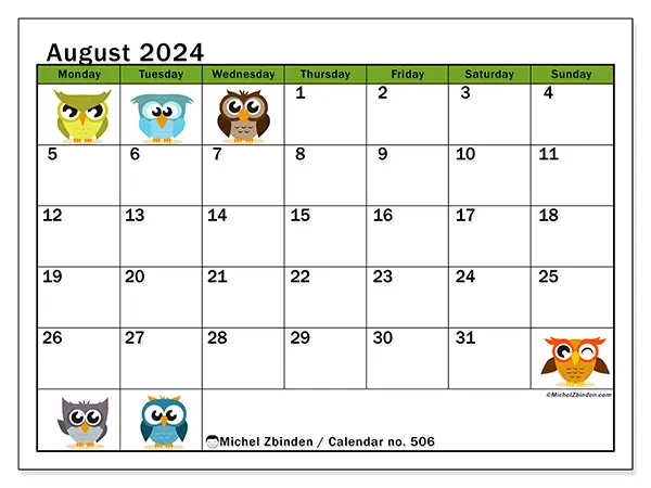 Free printable calendar no. 506 for August 2024. Week: Monday to Sunday.