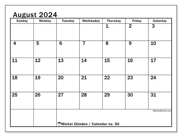 Free printable calendar no. 50 for August 2024. Week: Sunday to Saturday.