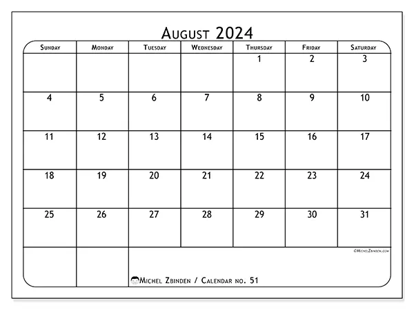Free printable calendar no. 51 for August 2024. Week: Sunday to Saturday.