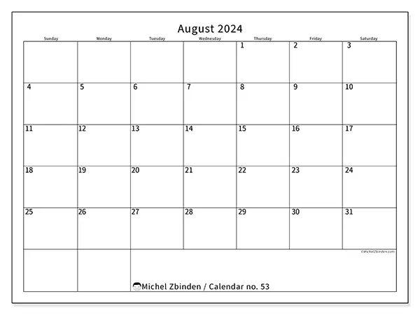 Free printable calendar no. 53 for August 2024. Week: Sunday to Saturday.