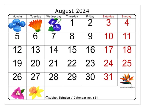 Free printable calendar no. 621 for August 2024. Week: Monday to Sunday.
