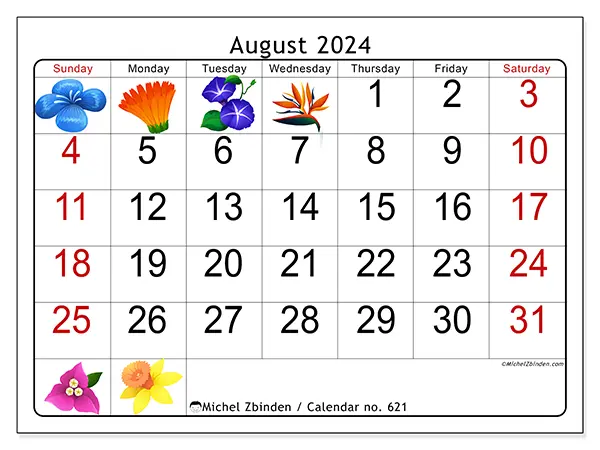 Free printable calendar no. 621 for August 2024. Week: Sunday to Saturday.