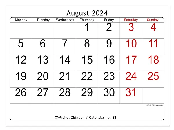 Free printable calendar no. 62 for August 2024. Week: Monday to Sunday.