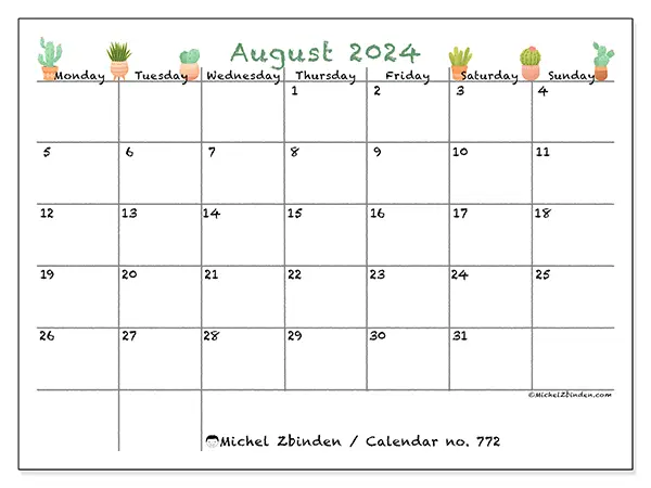 Free printable calendar no. 772 for August 2024. Week: Monday to Sunday.