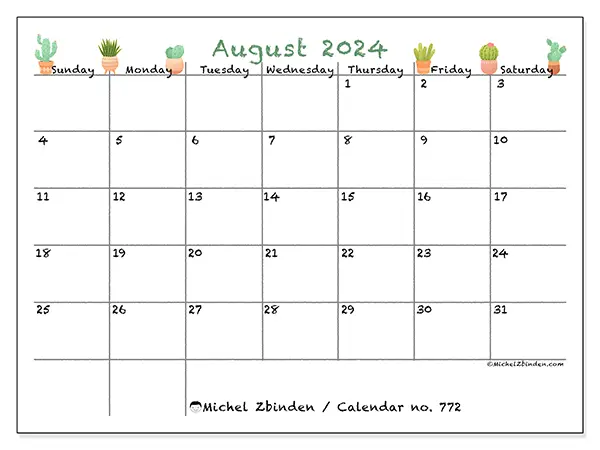 Free printable calendar no. 772 for August 2024. Week: Sunday to Saturday.