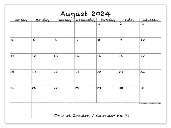 Free printable calendar no. 77 for August 2024. Week: Sunday to Saturday.