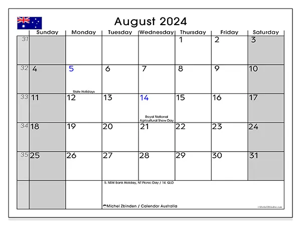Free printable calendar Australia for August 2024. Week: Sunday to Saturday.