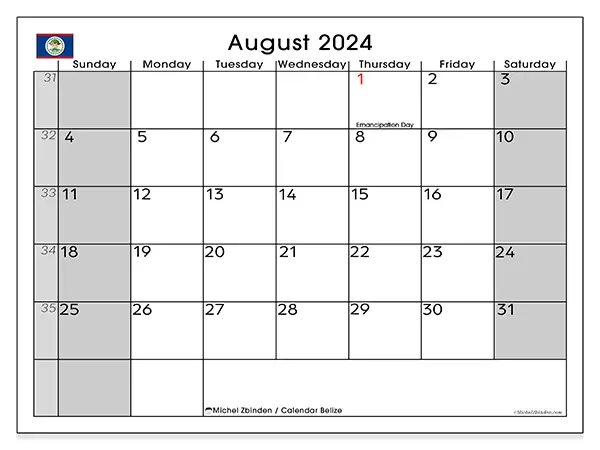 Free printable calendar Belize for August 2024. Week: Sunday to Saturday.