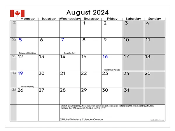 Free printable calendar Canada for August 2024. Week: Monday to Sunday.