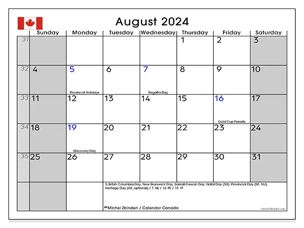 Printable calendar Canada, August 2024