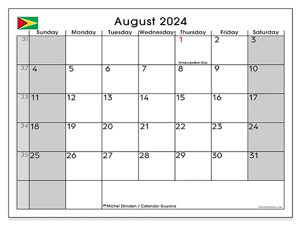 Free printable calendar Guyana for August 2024. Week: Sunday to Saturday.