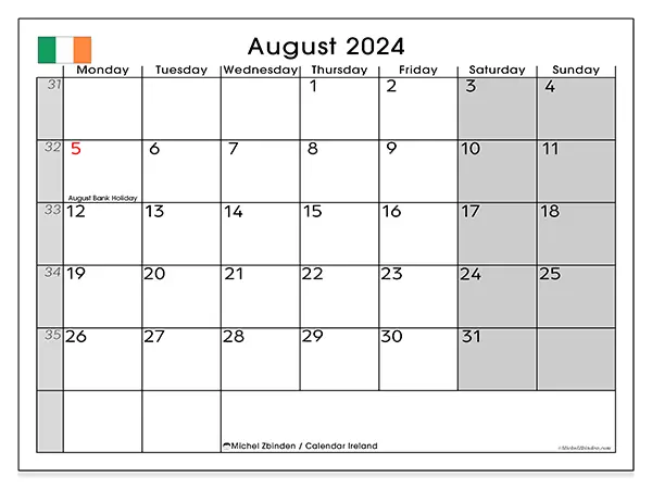 Printable calendar Ireland, August 2024