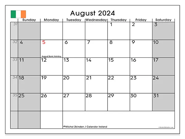 Free printable calendar Ireland for August 2024. Week: Sunday to Saturday.