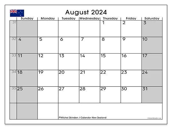 New Zealand printable calendar for August 2024. Week: Sunday to Saturday.