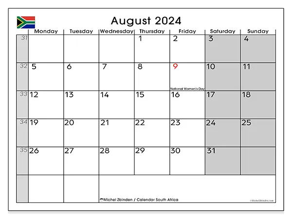 Printable calendar South Africa, August 2024