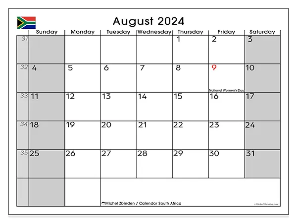 Free printable calendar South Africa for August 2024. Week: Sunday to Saturday.