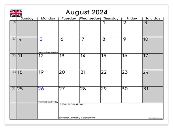 Free printable calendar UK for August 2024. Week: Sunday to Saturday.