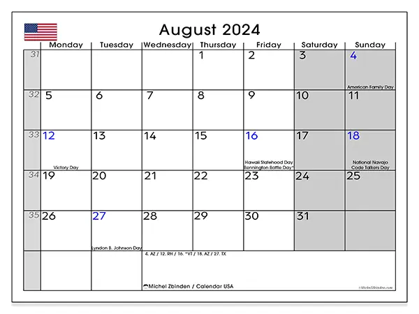 Free printable calendar USA for August 2024. Week: Monday to Sunday.