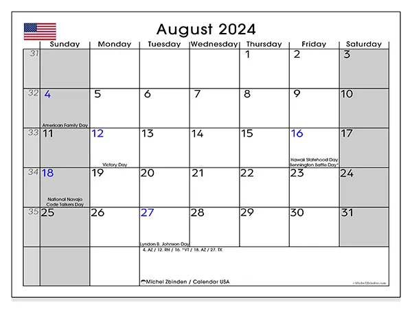 Printable calendar USA, August 2024
