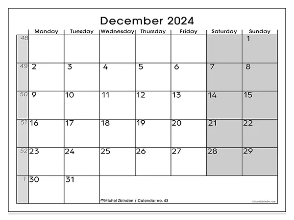 Free printable calendar n° 43 for December 2024. Week: Monday to Sunday.