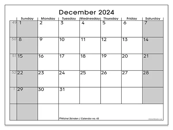 Free printable calendar n° 43 for December 2024. Week: Sunday to Saturday.