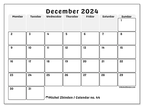 Free printable calendar n° 44 for December 2024. Week: Monday to Sunday.