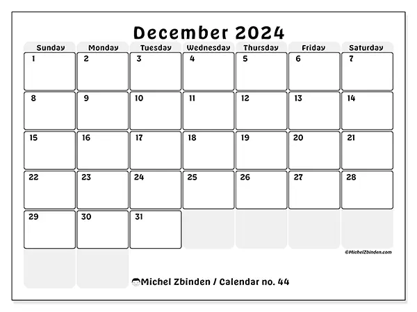 Free printable calendar n° 44 for December 2024. Week: Sunday to Saturday.