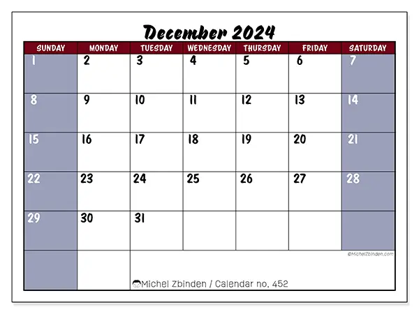 Free printable calendar n° 452 for December 2024. Week: Sunday to Saturday.