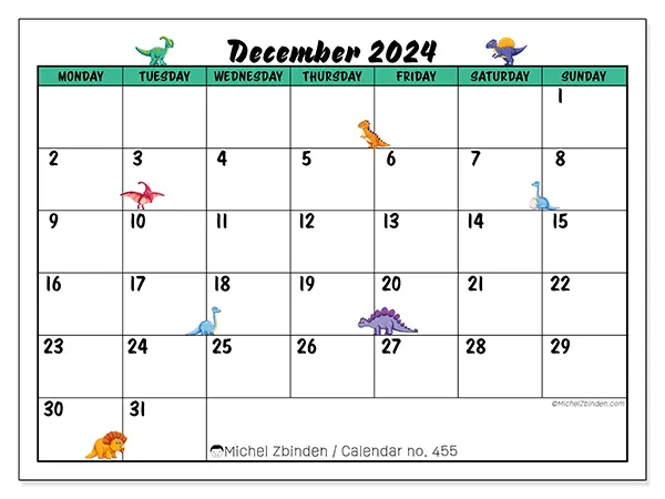 Free printable calendar n° 455 for December 2024. Week: Monday to Sunday.