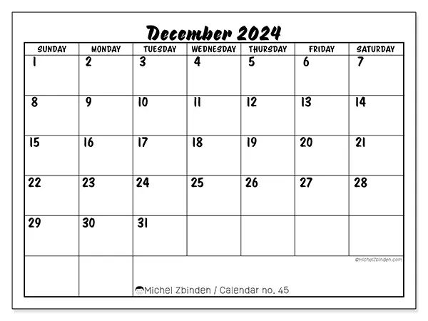 Free printable calendar no. 45 for December 2024. Week: Sunday to Saturday.