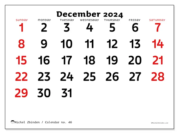 Free printable calendar no. 46 for December 2024. Week: Sunday to Saturday.