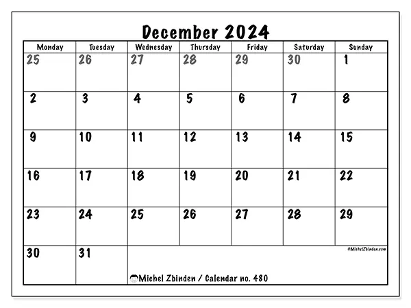 Free printable calendar no. 480 for December 2024. Week: Monday to Sunday.