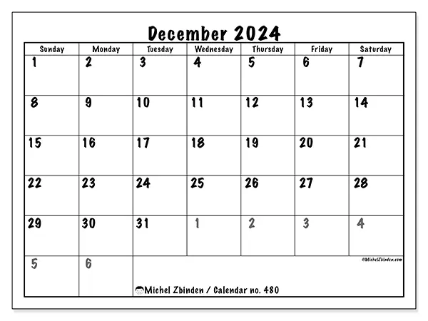 Free printable calendar no. 480 for December 2024. Week: Sunday to Saturday.