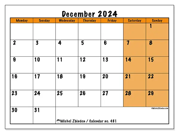 Free printable calendar no. 481 for December 2024. Week: Monday to Sunday.