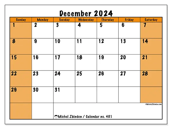Free printable calendar no. 481 for December 2024. Week: Sunday to Saturday.