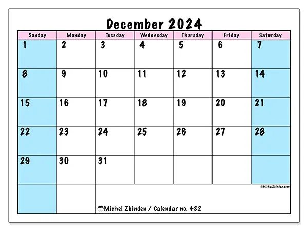 Free printable calendar no. 482 for December 2024. Week: Sunday to Saturday.