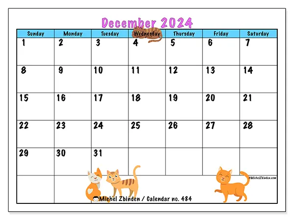 Free printable calendar no. 484 for December 2024. Week: Sunday to Saturday.