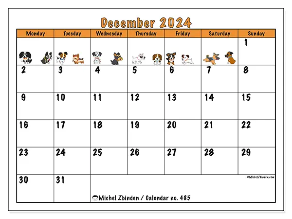 Free printable calendar no. 485 for December 2024. Week: Monday to Sunday.