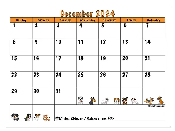 Free printable calendar no. 485 for December 2024. Week: Sunday to Saturday.