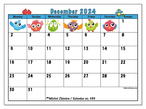 Free printable calendar no. 486, December 2025. Week:  Monday to Sunday
