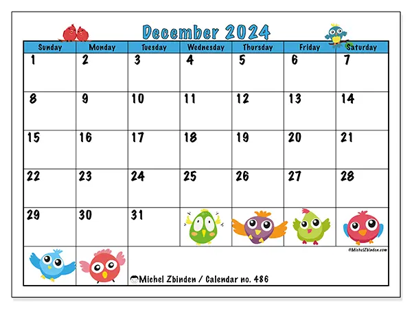 Free printable calendar no. 486 for December 2024. Week: Sunday to Saturday.