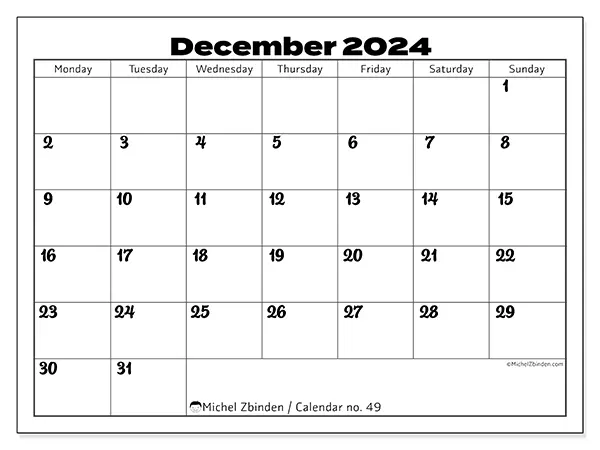 Free printable calendar no. 49 for December 2024. Week: Monday to Sunday.