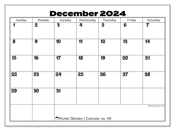 Free printable calendar no. 49 for December 2024. Week: Sunday to Saturday.