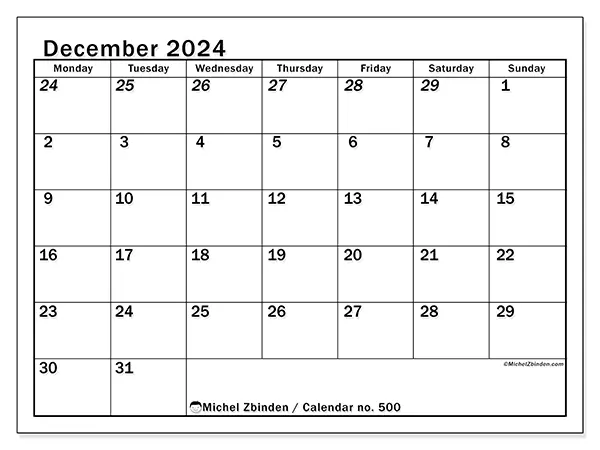 Free printable calendar no. 500 for December 2024. Week: Monday to Sunday.