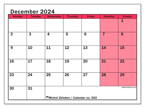 Free printable calendar no. 502, December 2025. Week:  Monday to Sunday
