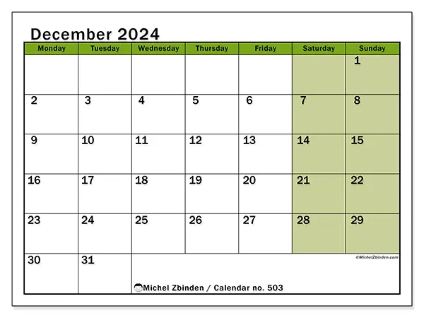 Free printable calendar no. 503 for December 2024. Week: Monday to Sunday.